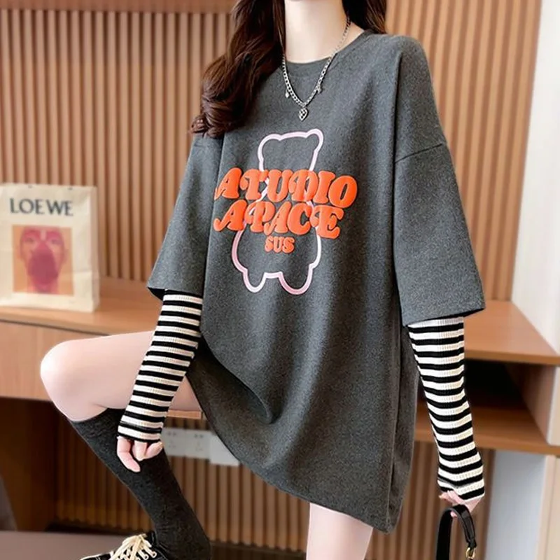 Nice New Long Sleeve Pullovers Casual Women's Clothing Patchwork Tops Spring Autumn O-neck Interior Lapping Simplicity T-Shirts