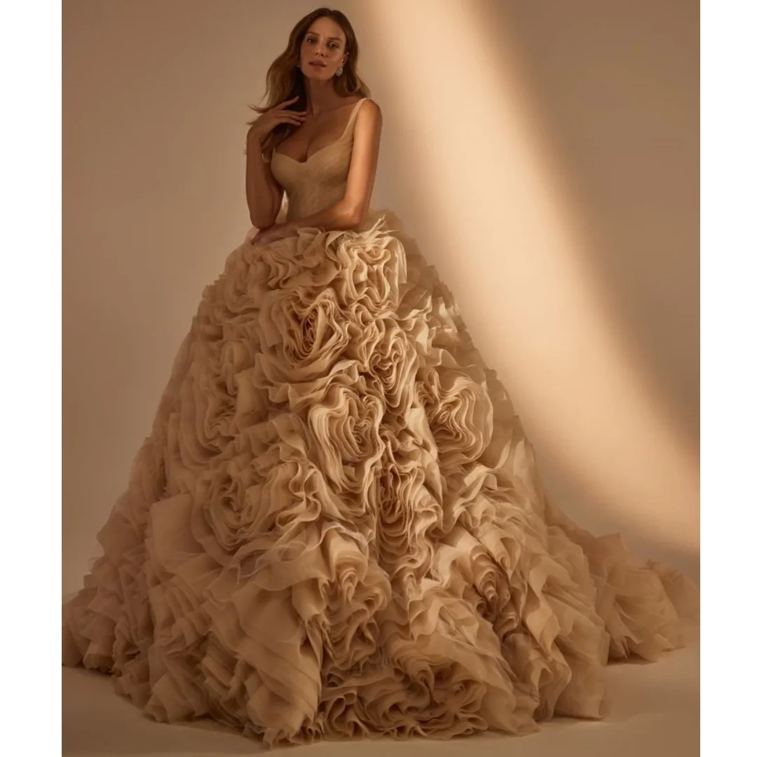 

Luxury Champagne Ruffles Evening Dresses Illusion Bodice Party Dress Customized Tulle Floral Exquisite Prom Gown