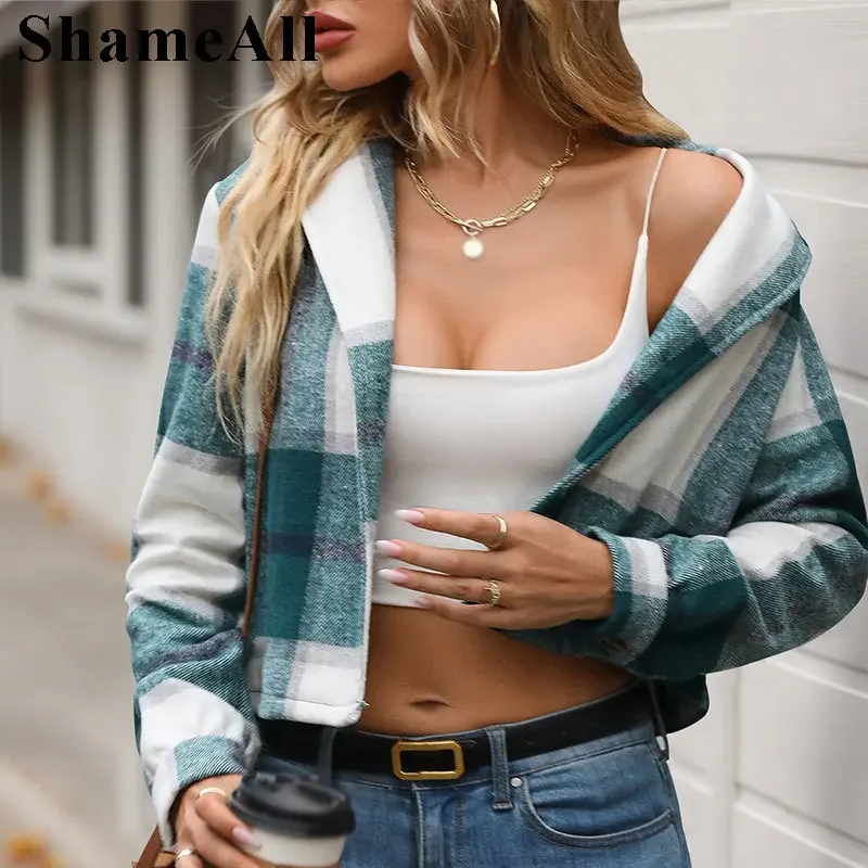 Autumn Green Plaid Patchwork Cropped Coats Women Fashion Long Sleeve Short Bomer Jackets Boyfriend Biker Outwear