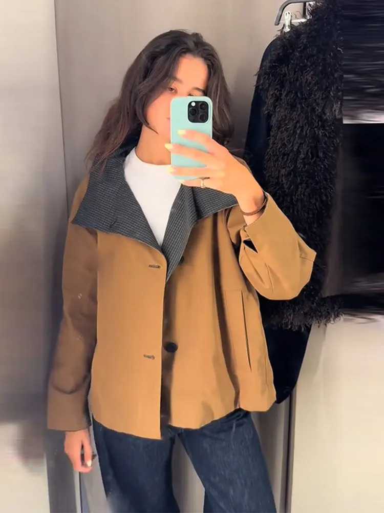 Short Double-Sided Trench Coat Woman Plaid Single Breasted Lapel Long Sleeves Loose Coats Street Casual Women's New Chic Jackets 4