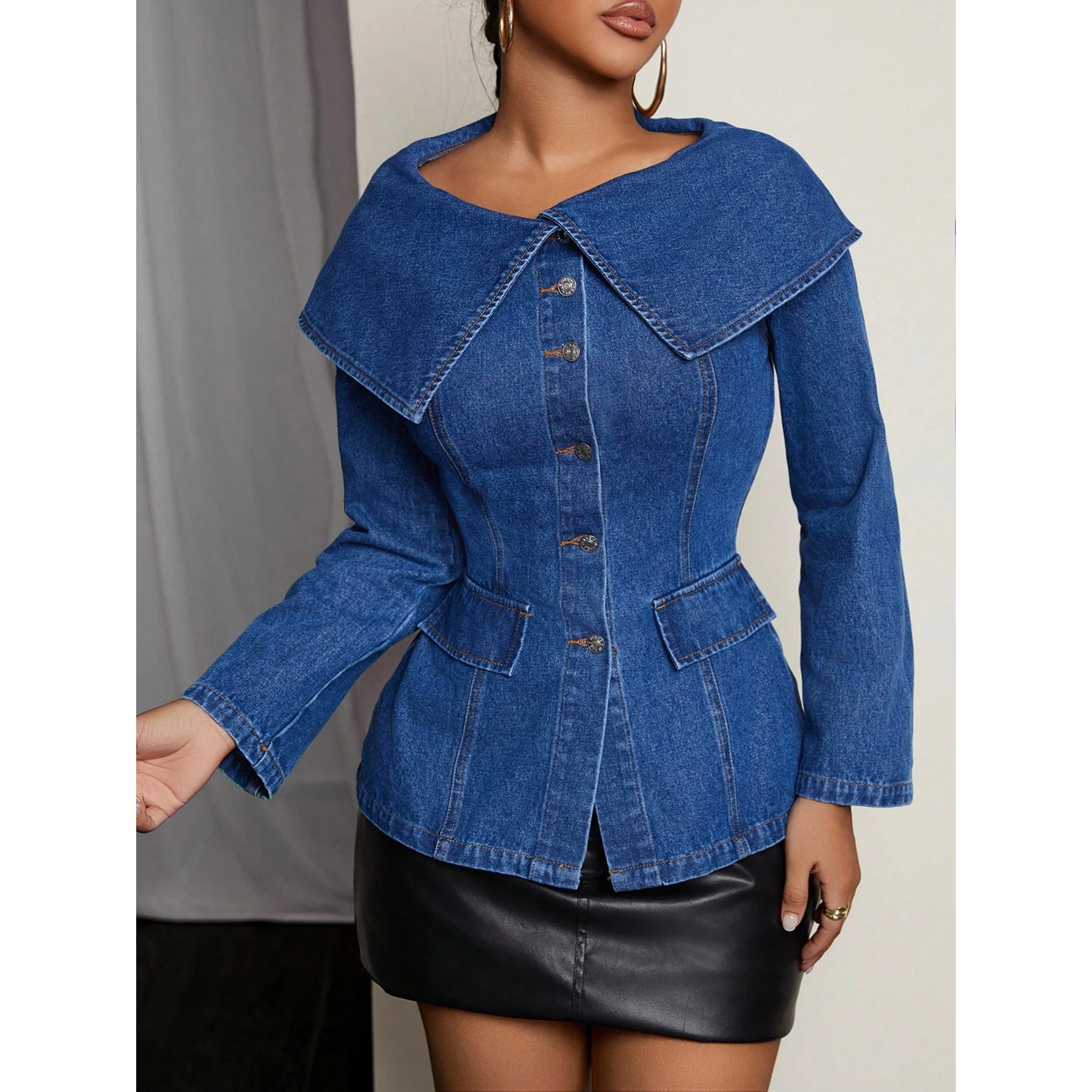 Street Style Women's Denim Jacket Long Sleeve Large Collar Versatile Sexy Fashionable Short Coat Cotton Material Commute Style