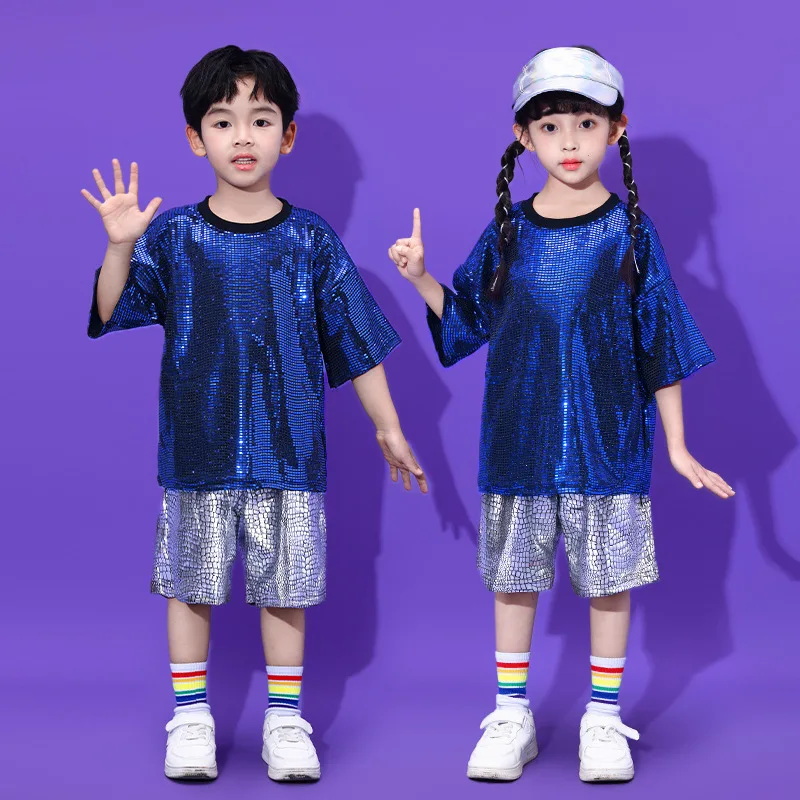 Hip Hop Boys Sequin Silver T-shirt Shorts Girls Streetwear Kids Street Dance Loose Tee Clothes Sets Children Jazz Stage Costumes