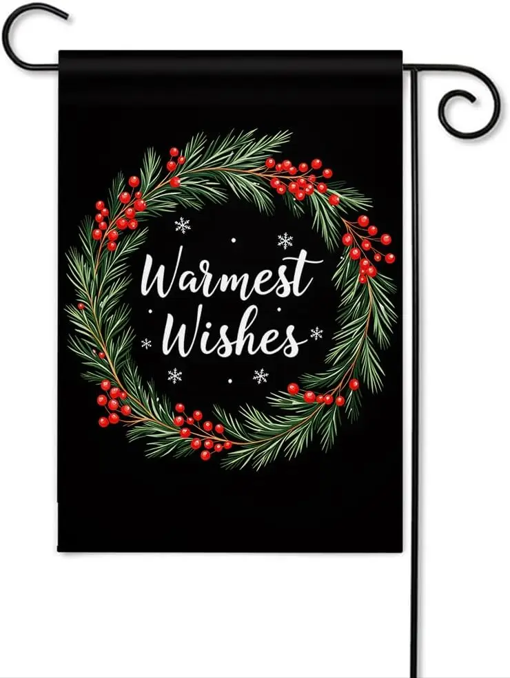 Moslion Winter Garden Flag Vertical Double Sided Christmas Wreath with Quote Warmest Wishes Mistletoe Leaves Snowflake House uui