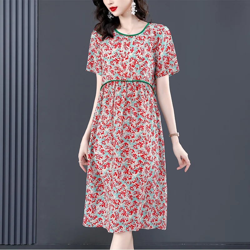 Abito longuette in seta di gelso floreale da donna estate nuovo elegante vita allentata Plus Size abito coreano Vintage Casual Party Dress