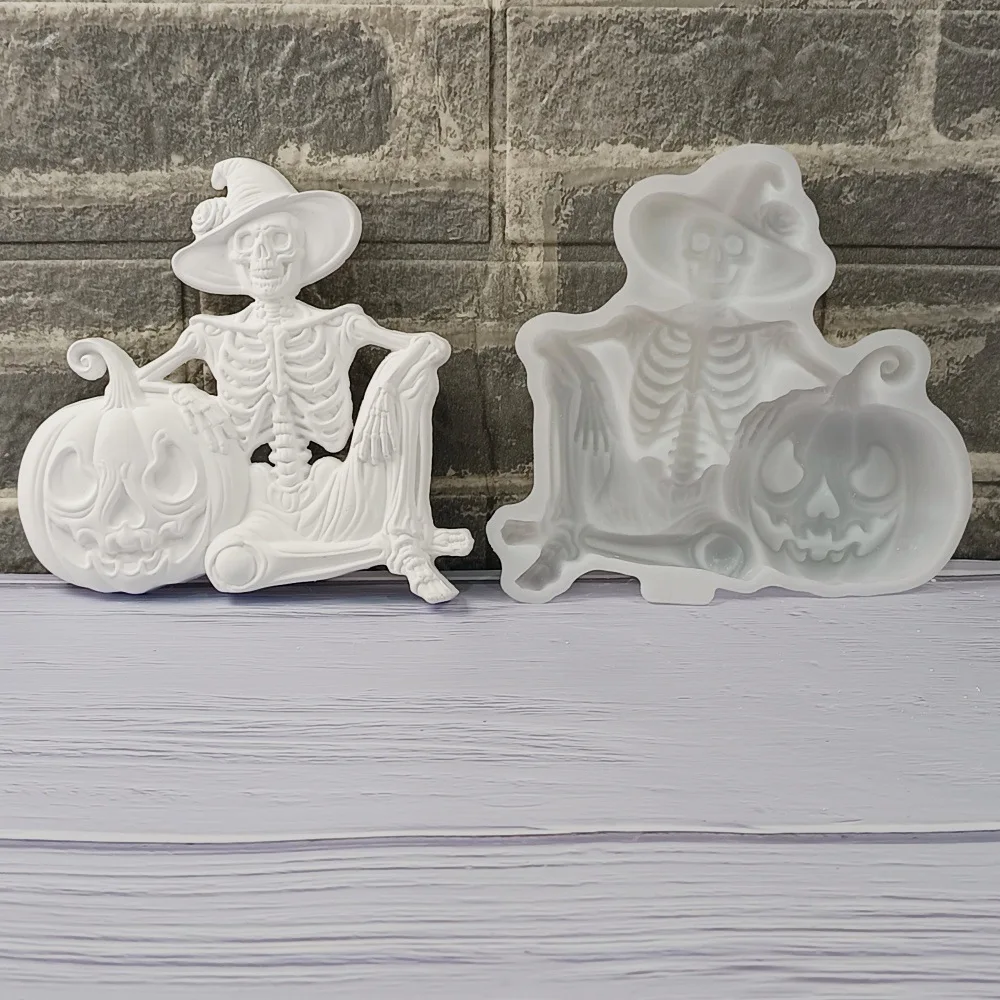 

2026 New Mould Semi-3D Skull Pumpkin Wall Hanging Decorative Cement and Plaster Mold for DIY Home Ornament Silicone Molds S1824