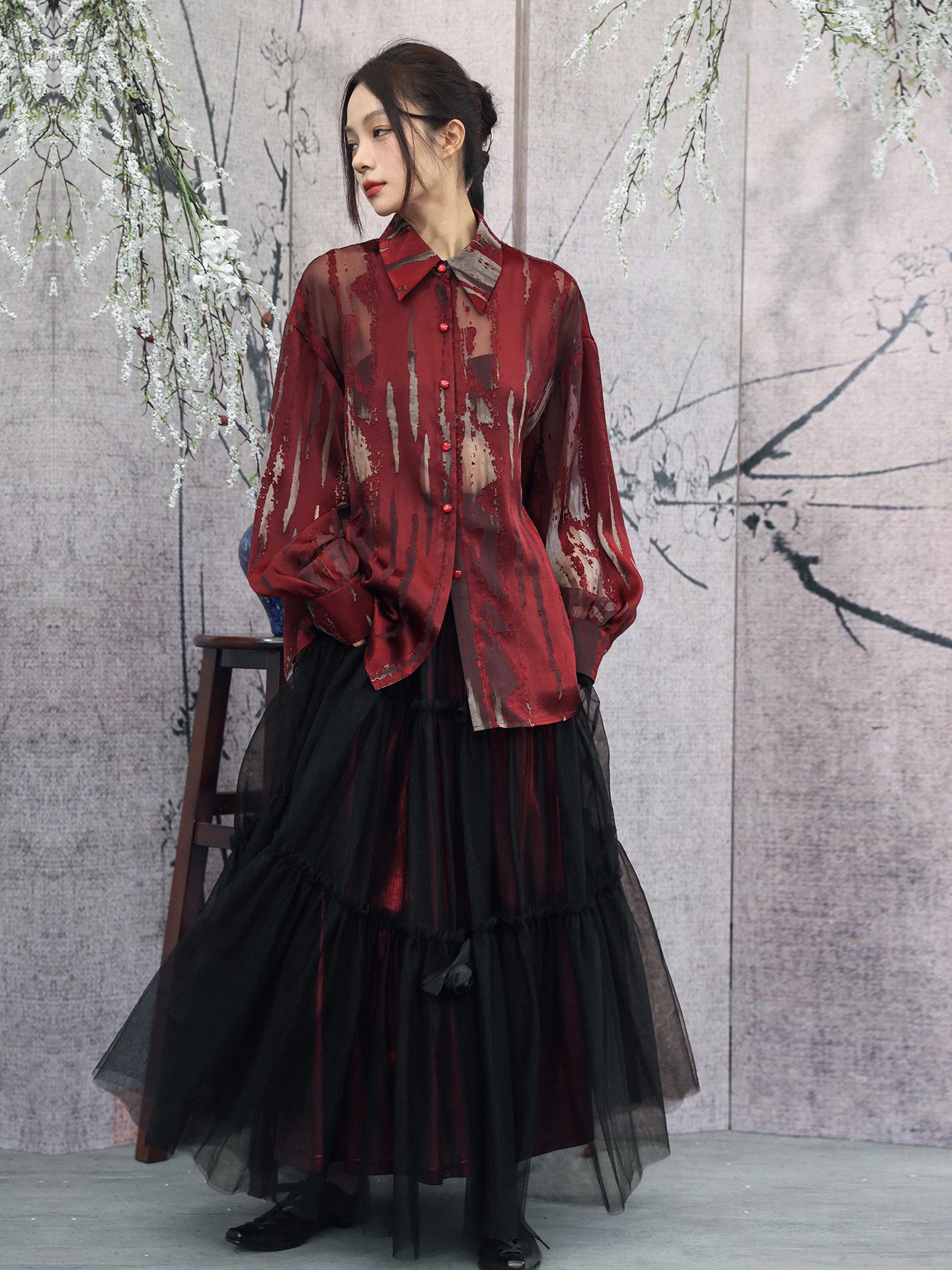 

Dark Style Burned Flower Loose Women's Shirt Spring 2026 Red Color Breathable Comfortable Long Sleeve Casual Fashion Top