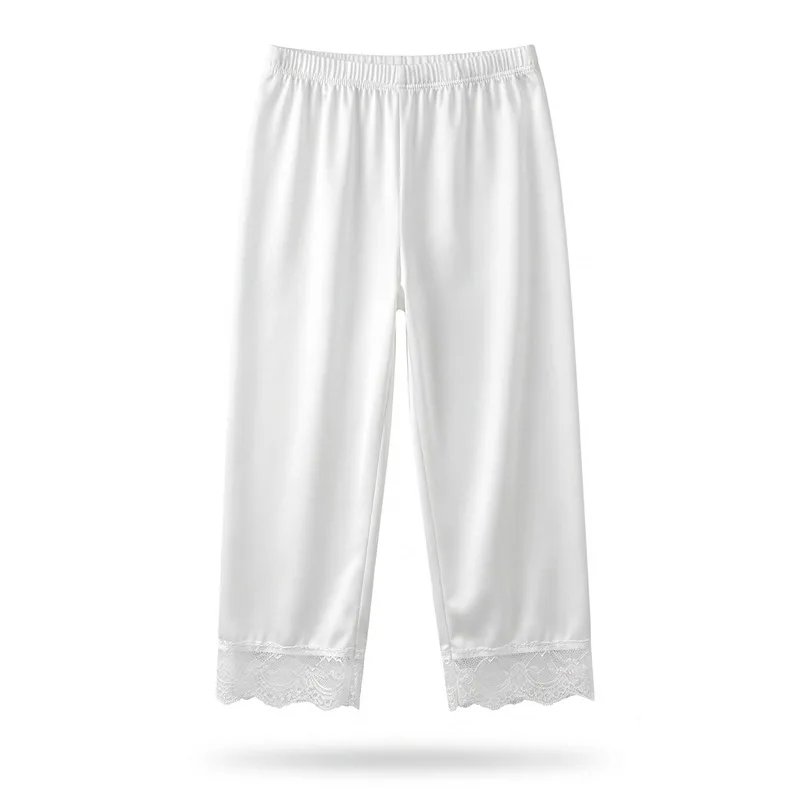 Women Summer Ice Silk Capri Safety Under Pants Lace Trim Tapered Thin Stretchy Slim Fit Soft Casual Ladies Comfortable Leggings