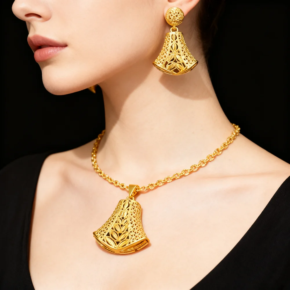

luxury gold plated woman jewelry set Gold Color Necklace And Earrings Rings Jewelry Set For Women Ethiopian Bridal jewelry gift