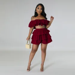 Sweet 2 Piece Set Women Peplum Off Shoulder Slash Neck Mini Top and Pleated Skirt Female Party Club Outerwear