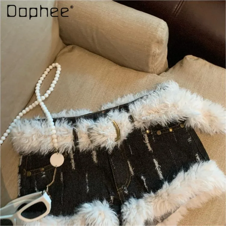 American Retro High End Hot Girl Denim Shorts Women High Street Punk Style Plush Splicing Shorts Summer New Y2K Booty Shorts