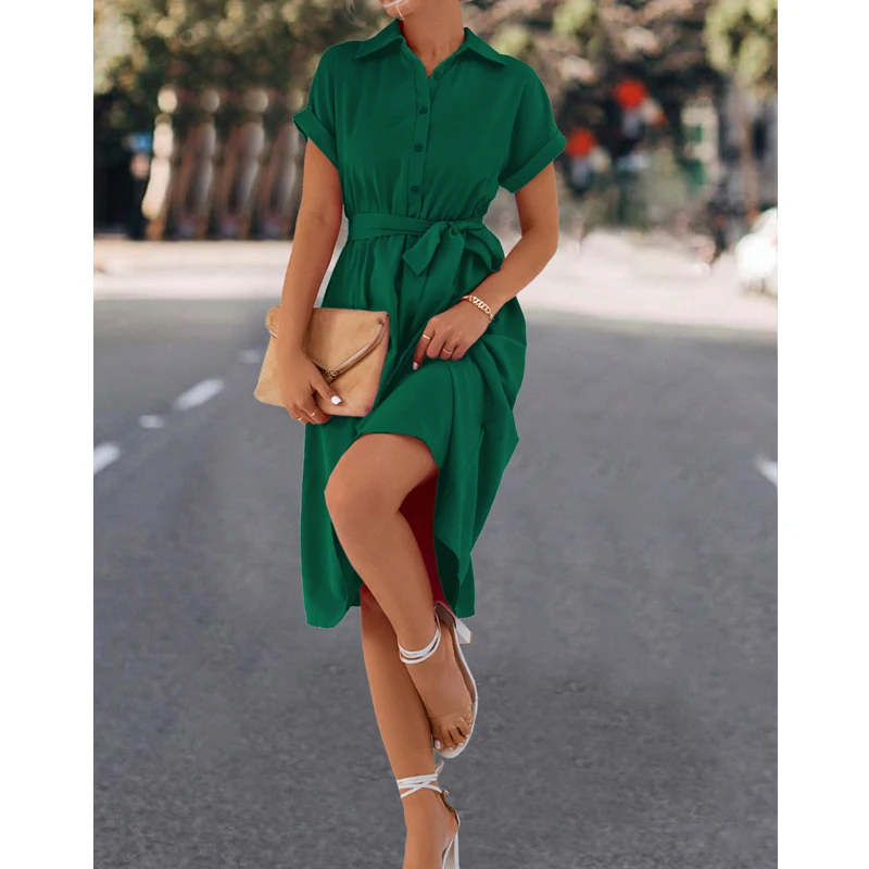 Women's Vintage Fashion Elegant Lace Up Button Shirt Midi Dress Summer Solid Short Sleeve Slim Party Dresses High Waist Vestidos