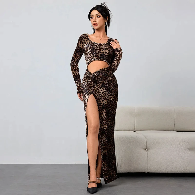 

Women Sexy Sweet and Spicy Leopard Print Dress Hollow Long Skirt