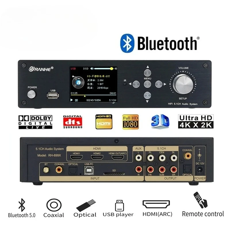 HDMI-compatible DTS AC3 Decoder 5.1 Lossless U Disk Playback DSD Bluetooth 5.0 Fiber Coaxial Audio DAC FLAC PC USB