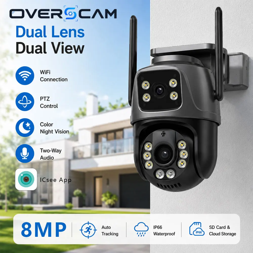 8MP 4K Dual Lens WiFi PTZ Security IP Camera Dual View Wireless Color Night Vision Auto Tracking IP66 Waterproof SD Card Storage