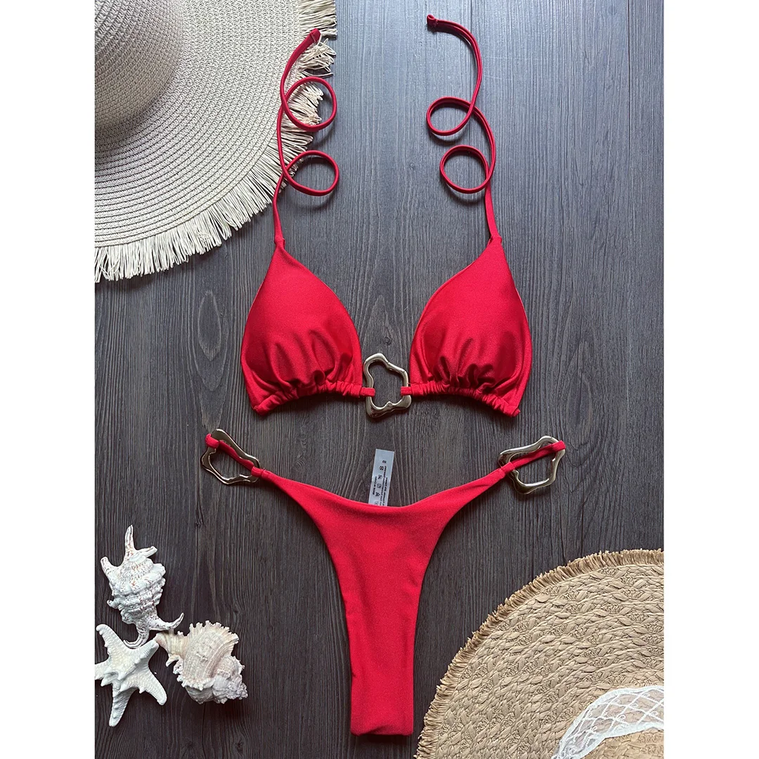 Glänzender Metallring Neckholder Mini-Tanga-Bikini Damen-Badeanzug Zweiteiliges Bikini-Set Badebekleidung Badeanzug Schwimmanzug V6438 – Detail 18