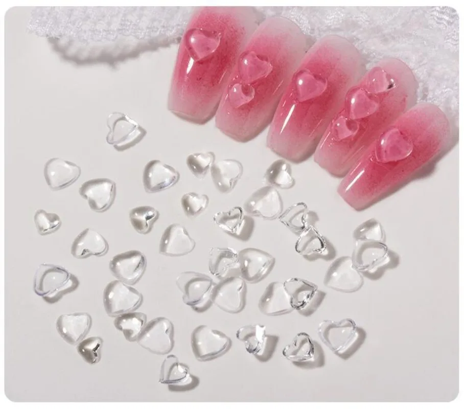 100pcs Transparent Rhinestone Love Heart Charms Nails Figures Clear Resin Heart Manicure Jewelry Decoration DIY Accessories