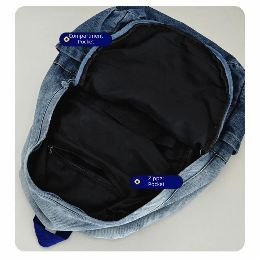 Durable Large Capacity Denim Backpacks Denim Material Multi-Pocket Structure Travel Bag Multi-functional Daypack Travel Use