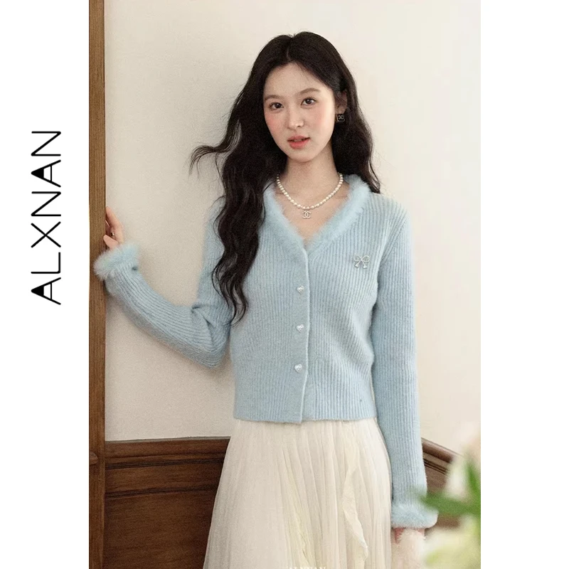 

Женский вязаный кардиган ALXNAN с V-образным вырезом, коротким пушистым подолом, декором в виде сердечек и банта, весенний, с длинными рукавами, DYL662593