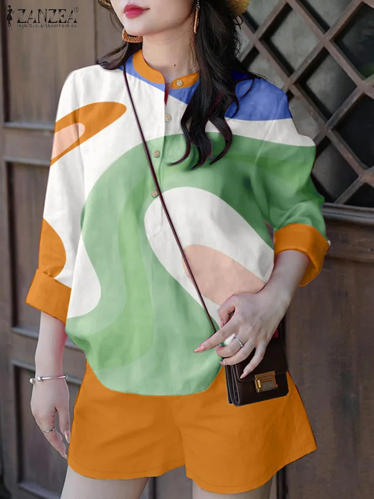 

ZANZEA Summer Short Sets 2PCS Holiday Outfits Fashion 3/4 Sleeve Print Blouse Short Suit Women Tracksuit Matching Sets Oversize