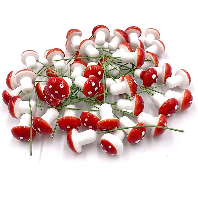 10-100Pcs Mini Red Foam Mushroom with Stakes for Fairy Garden Micro Landscape DIY Craft Plant Pot Decor Terrarium Accessories