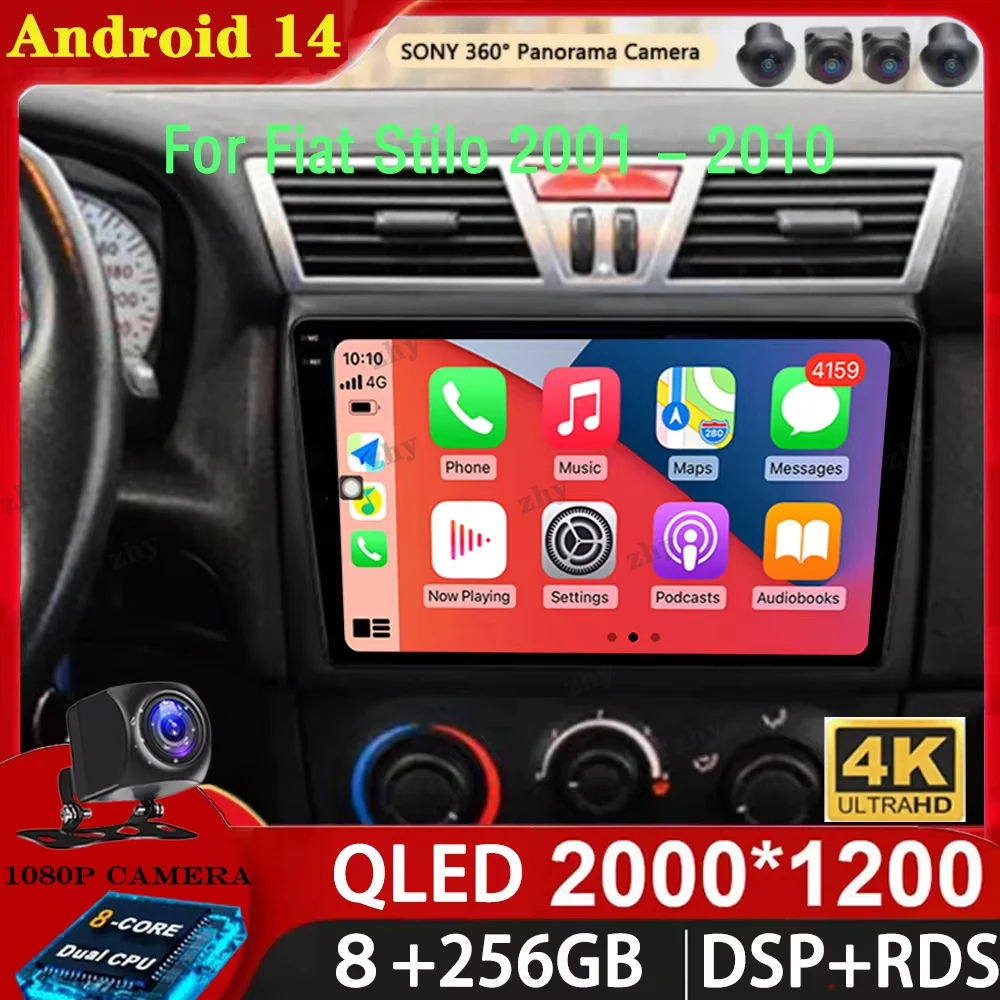 Android 14 For Fiat Strada Idea 2012-2016 2K QLED Android Car Radio Multimedia Video Player GPS Stereo CarPlay Head Unit 4G DSP