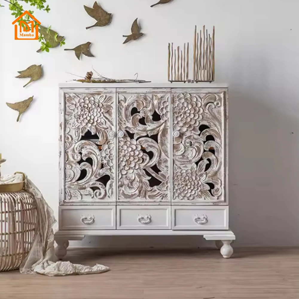 2024 Antique style white flower carved wooden tableware cabinet buffet cabinet with storage painted living room furniture