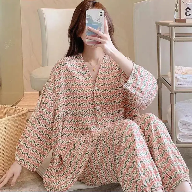 Baggy Pajama Sets Women XL-4XL Chic Lantern Sleeve Summer Elegant New Sleepwear Simple Lady Thin Breathable Ins Popular Young