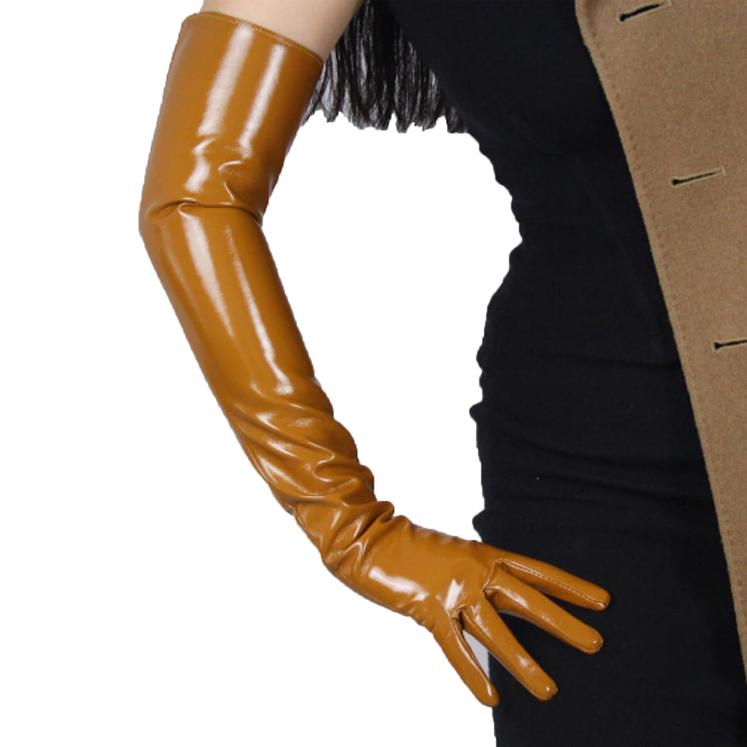 

DooWay Brown LATEX LONG GLOVES Shine Wet Look Faux Patent Leather PU 24" 60cm Evening Opera Nightclub Costume Fashion Gloves