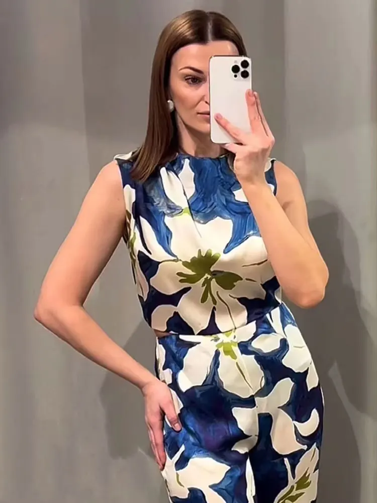 

HH женский модный летний комбинезон с цветочным принтом и круглым вырезом без рукавов, с вырезом, украшение на молнии, женский богемный комбинезон с широкими штанинами