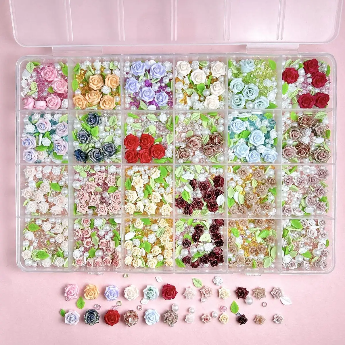 1Box Colorful Soft Rose Camellia Resin Nail Charms Simulated Artificial Pearl Green Leaf Flowers Mixed Nail Art Decorations DIY