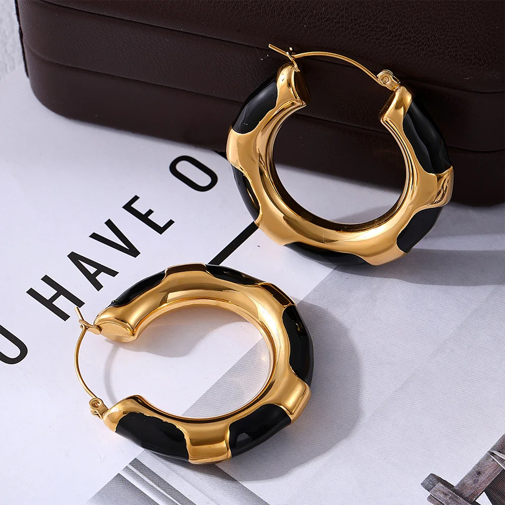 Chic Round Stainless Steel Earrings for Women Gold Plated C Shape Black Enamel Ear Hoop Daily Jewelry Gift Wholesale image 5