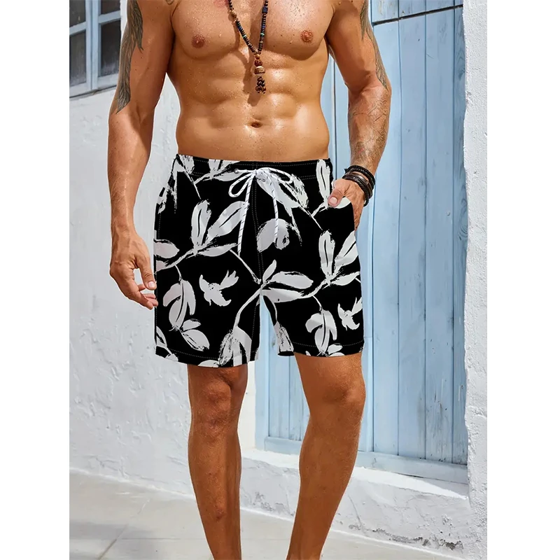 3D Print Flower Pattern Beach Shorts For Men Summer Casual Palm Tree Pattern Short Pants Men's Quick Dry Surf Board Shorts
