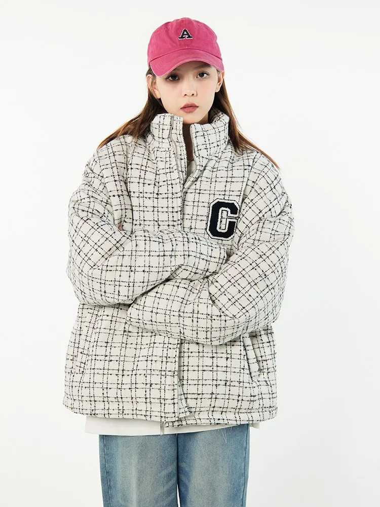 

2023 Plaid Winter Jacket Thick Warm Cotton Padded Parka Fashion Female Coat Loose Oversize Streetwear Outwear