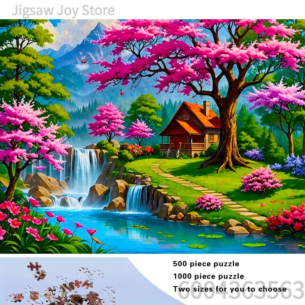 500-2000PCS Puzzle Vintage Country Cottage,Waterfall Mountain Scenery,Rural Farm House,Cute Cats on Bookshelf Puzzle Decor Gift