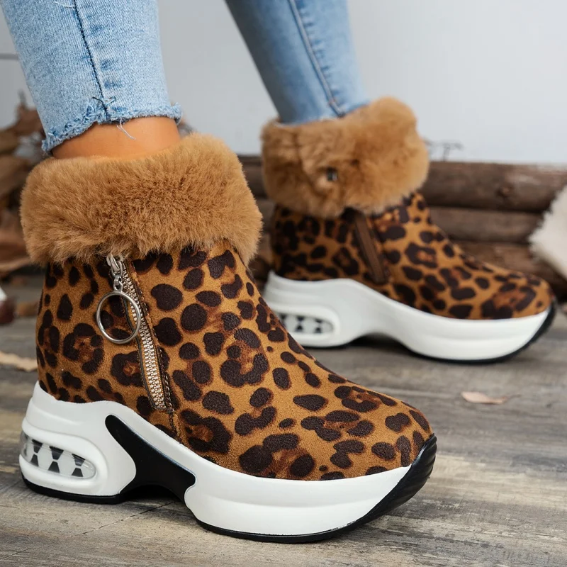 Leopard Women Platform Fur Ankle Boots High Heels Shoes Winter 2025 Trend New Short Plush Warm Casual Sport Snow Botas Mujer