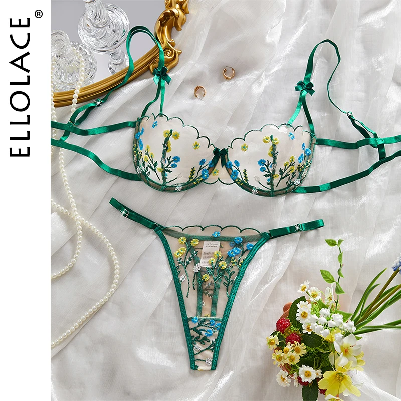 

Ellolace Elegant Sexy Female Lingerie Intimate Coquette Green Embroidered 2PC Set Tiny Floral Bowknot Youth Girl Pure Desire