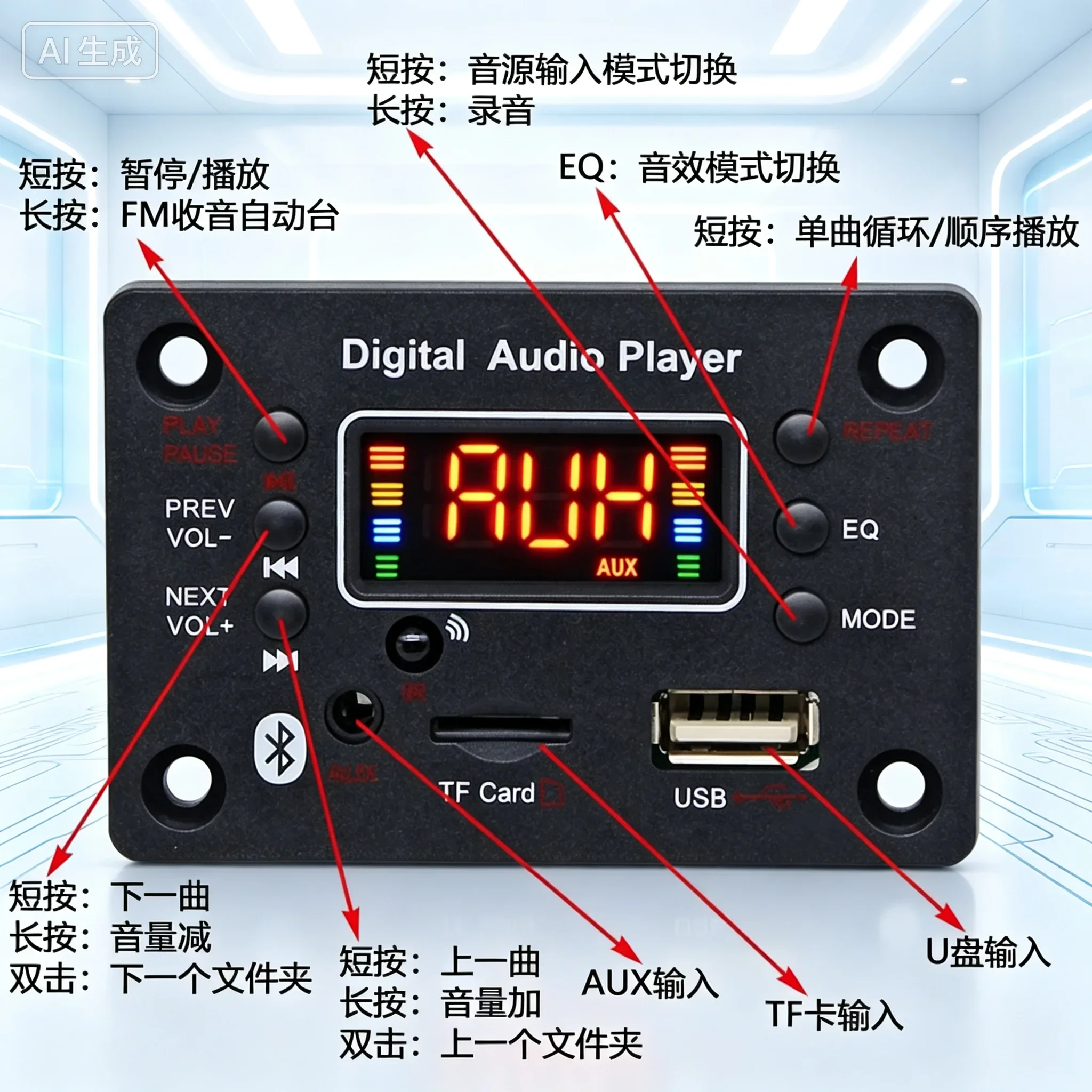 for MP3 Bluetooth Audio Decoder Board 12V Power‑Off Memory Lossless TF‑Card U‑Disk FM Play Module