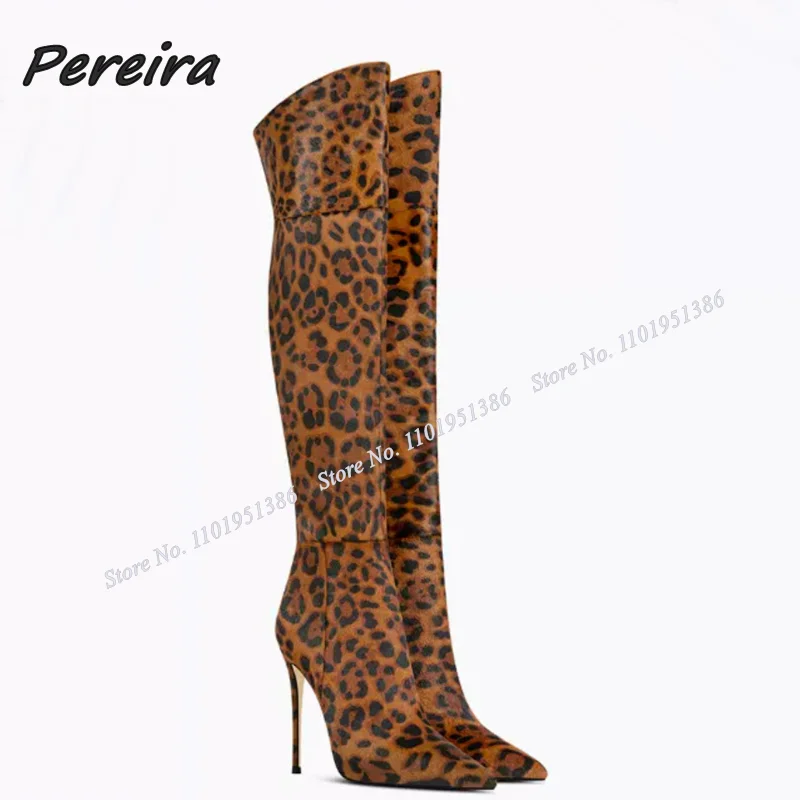 

Pereira Brown Leopard Print Boots Back Cut Over the Knee Pointed Toe Stiletto Shoes for Women High Heels Winter Zapatillas Mujer