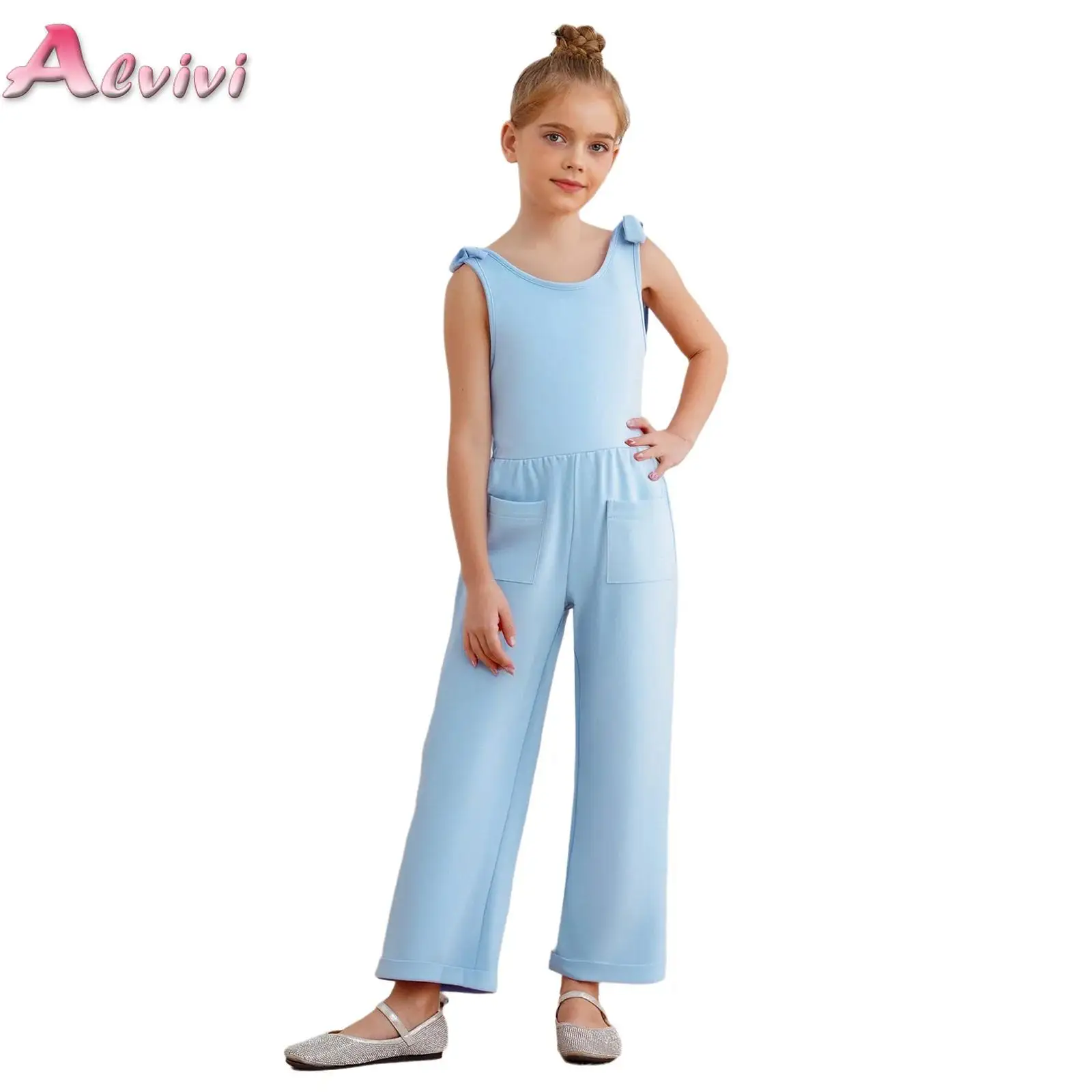 

Kids Girls Cute Jumpsuit Bowknot Wide Shoulder Straps Casual Wide-Leg Rompers with Pockets for Picnic Park Holiday Clothes