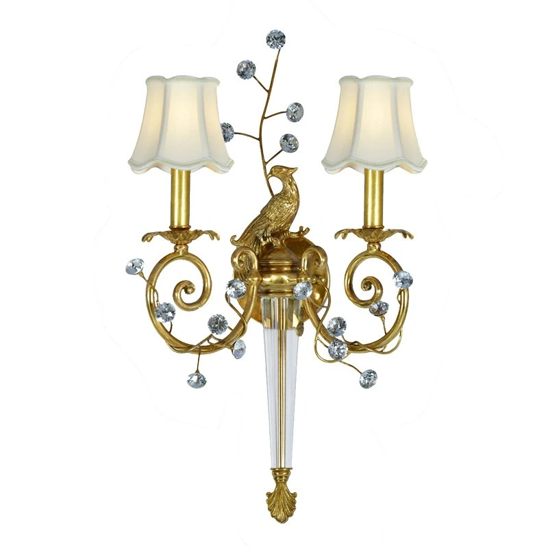 French all-copper wall lamp, retro light luxury living room background wall wall lamp, bedroom bedside crystal wall lamp