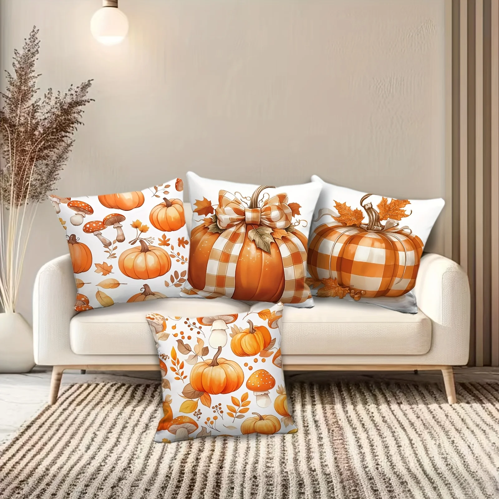 4PCS Digital Print Throw Pillows Orange Pumpkin Mushroom Plaid Bow Maple Leaf Autumn Farmhouse Sofa Decor Cushions