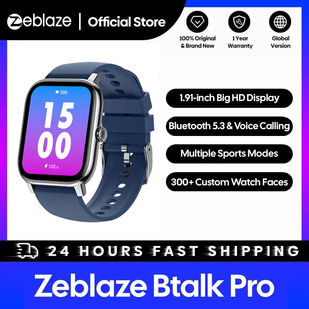 Nouvelle montre connectée Zeblaze Btalk Pro avec appels vocaux, grand écran HD de 1,91'', plus de 300 cadrans personnalisables, suivi de la santé