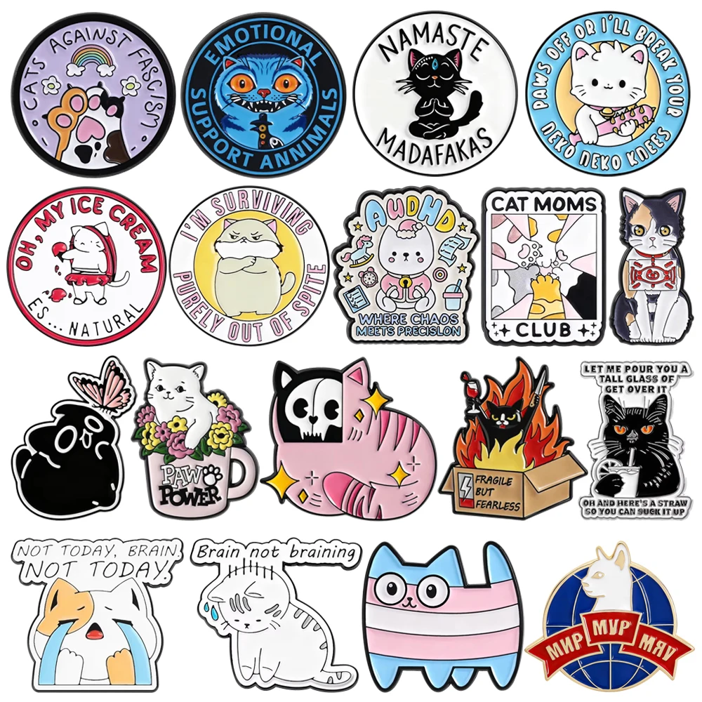 Cute Cat Enamel Brooch Lapel Pin Rainbow Boxing Flame Flower Hammer Pill Book Cartoon Cat Metal Badge Jewelry Gift for Friends