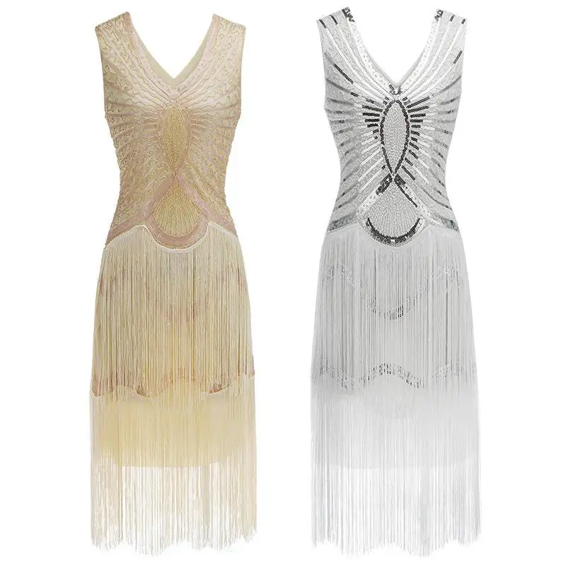 New Handmade Beaded Sequin Gown Sleeveless Vintage Dress Midi Length Zipper Closure Shiny Sparkling Women's Fashion Dress