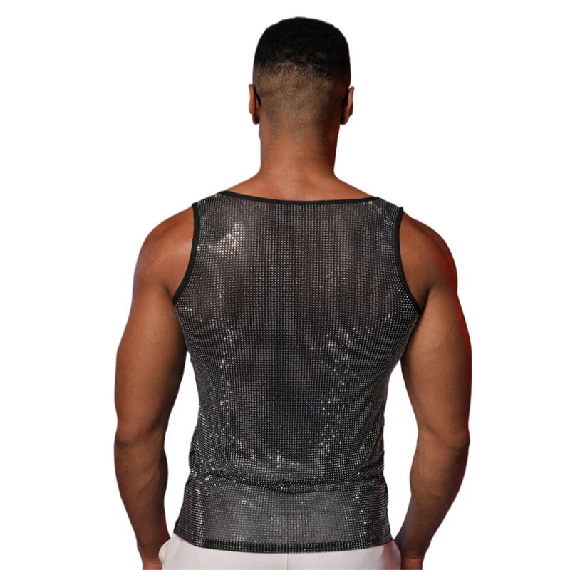 Herren Glitzerndes Strass-Mesh-Tanktop, Durchsichtiges Glitzer-Party-Shirt, Nachtclub-Bühnen-Musikfestival-Rave-Performance-Clubwear – Detail 6