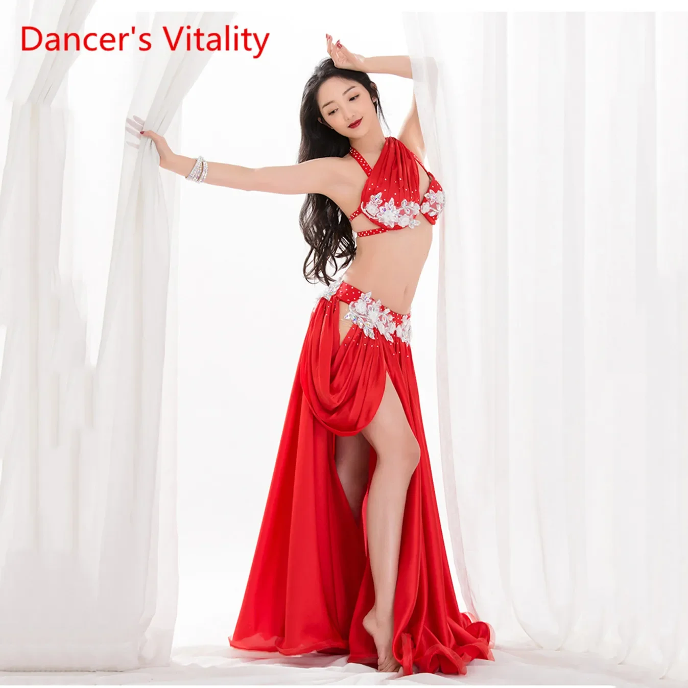 Women Sexy Belly Dance Show Wear Performance Oriental Dance Costume Handmade Luxury Drill Red White Suit Free Delivery