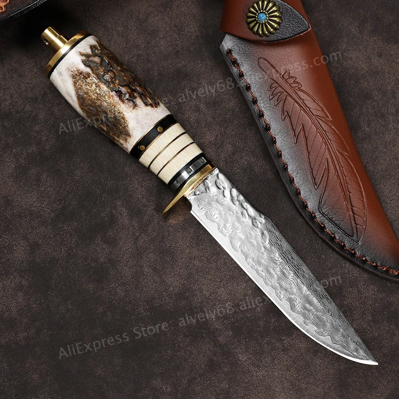 VG10 Damascus Steel Fixed-Blade Knife, Men's Knife, Natural Antler Handle, Ideal for Outdoor Camping, Hiking, and as an EDC Tool view 2