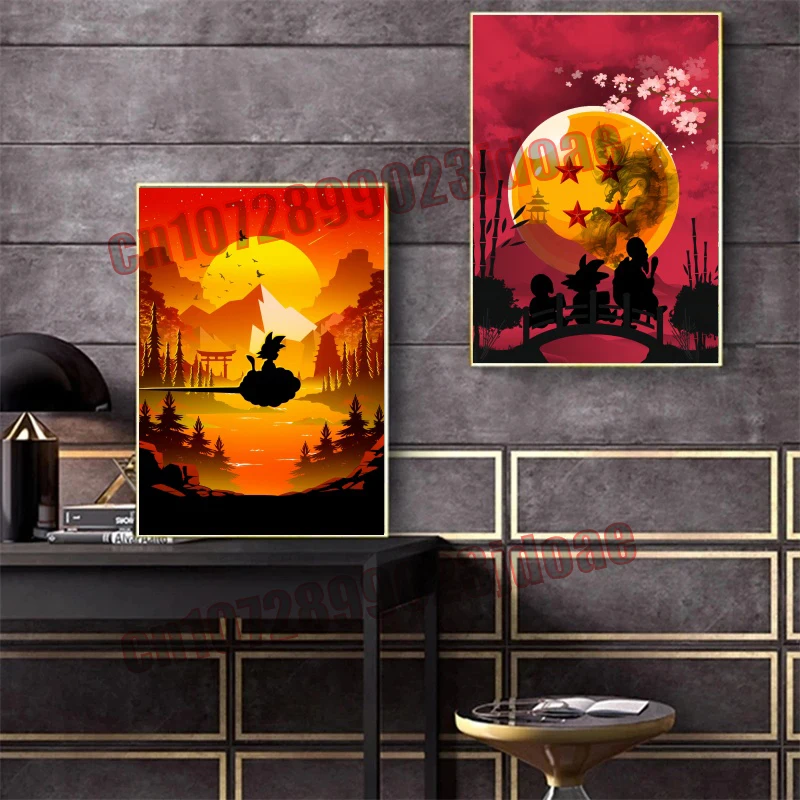 Anime Dragon Ball Goku Kakarot Vegeta puesta de sol figura costera silueta HD pintura en lienzo sin marco accesorios para el hogar el mejor regalo