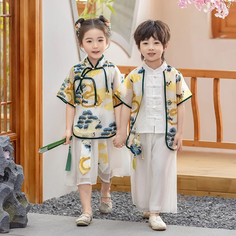 

Ancient Costume Hanfu Boys Set Casual Summer Big Girls Tang Suit Children's Day Clothes Ethnic Baby Sets Performance Kids Outfit