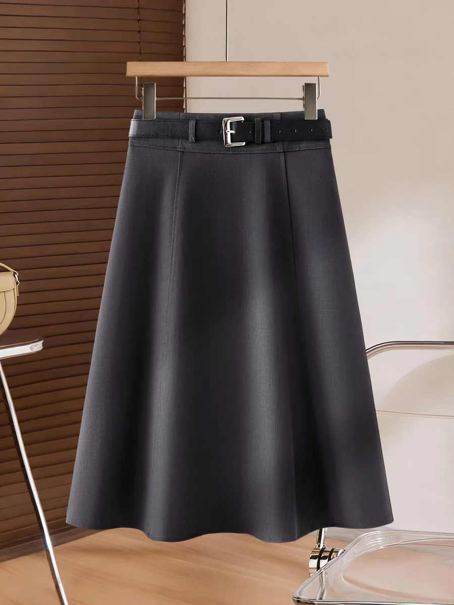 Elegant Grey A-Line Suit Skirt Women's Spring 2026 New Draped Midi Skirt Loose Wide Hem Umbrella Skirt Casual Commute
